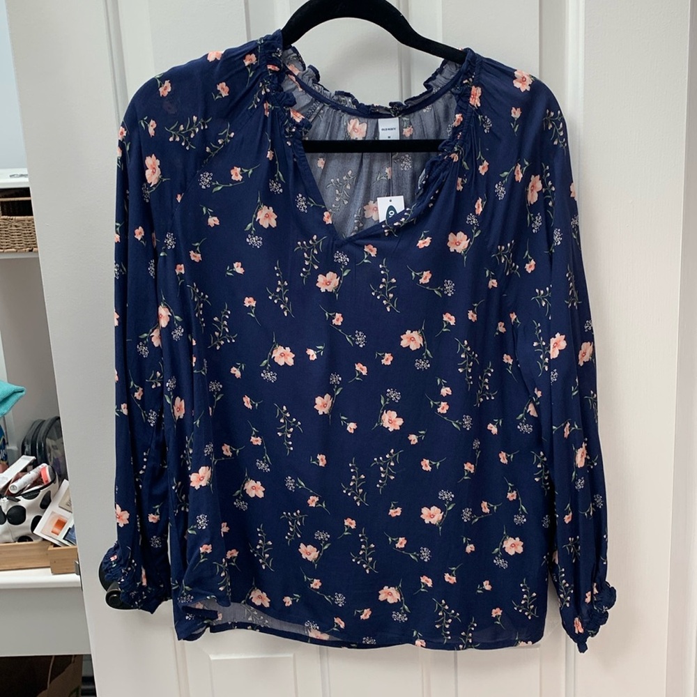 Old Navy Womens Med V Neck Rayon Blouse Blue Floral